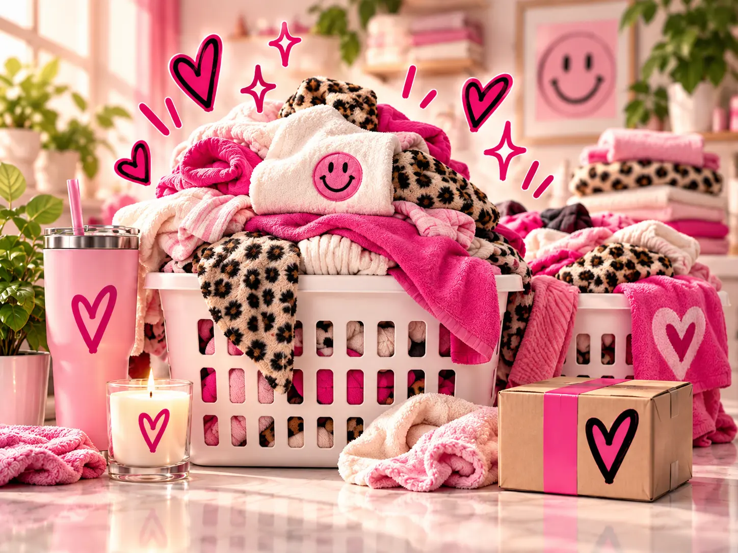 Overflowing laundry baskets in pink, cream, and leopard print beside a mystery box