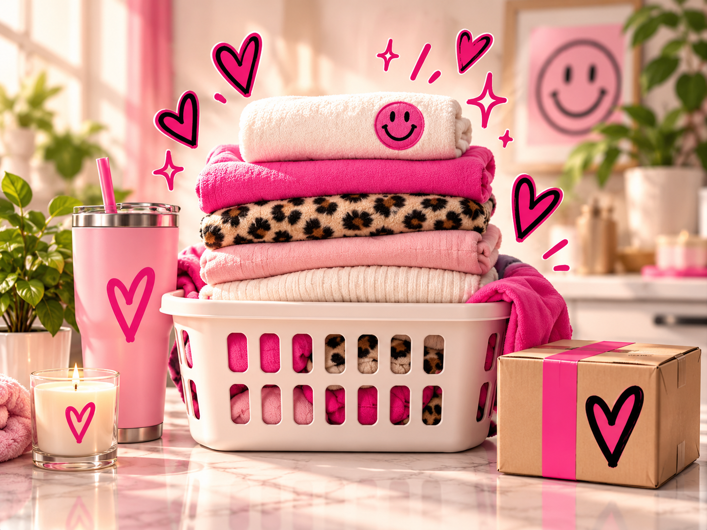 A neatly folded load of pink, cream, and leopard-print laundry beside a mystery box