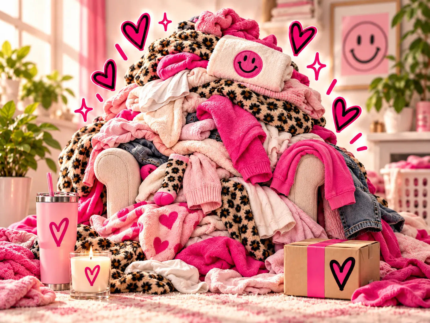 A chair buried beneath a mountain of pink, cream, and leopard-print laundry