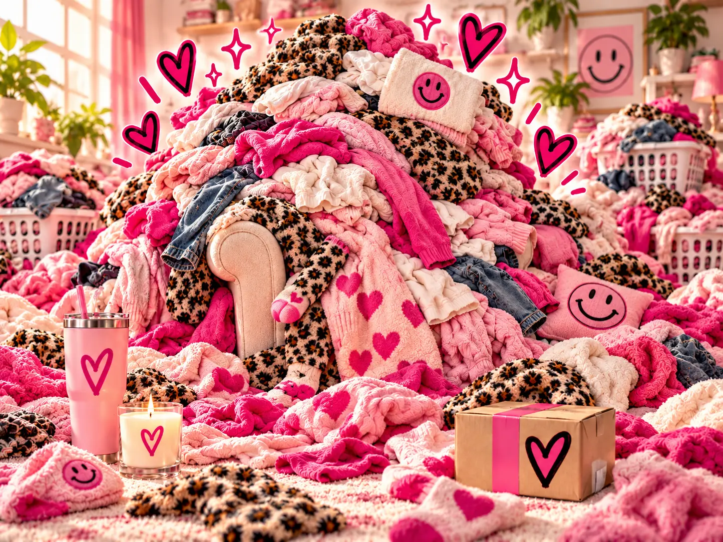 A room overtaken by an enormous avalanche of pink, cream, and leopard-print laundry